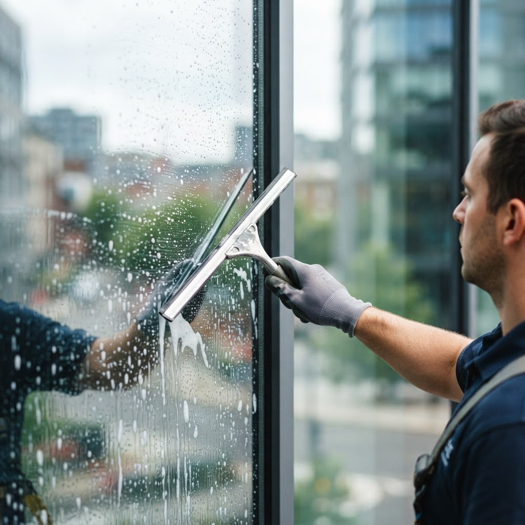 Professional cleaning a window with a squeegee for a streak-free finish